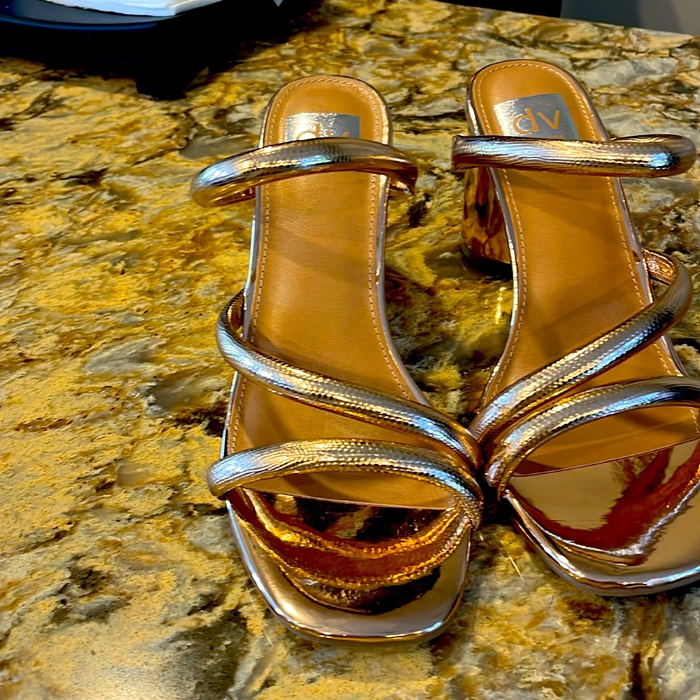 Dolce Vita Rose Gold Metallic Strappy Block Heel Sandals
